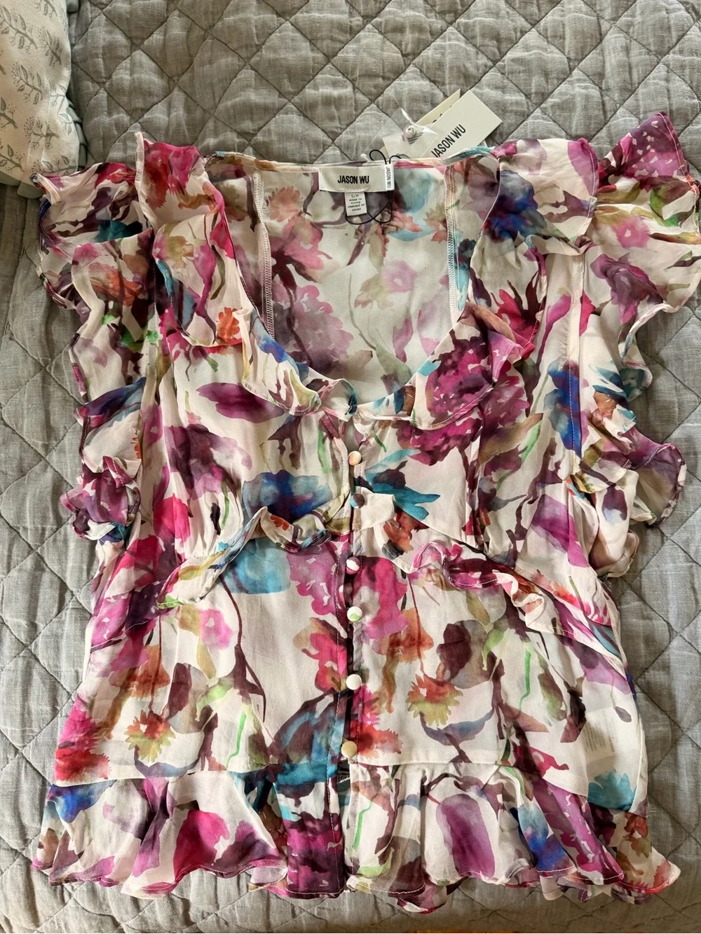 Jason Wu Multi-Color Floral Ruffle Button Blouse - Picture 2 of 5